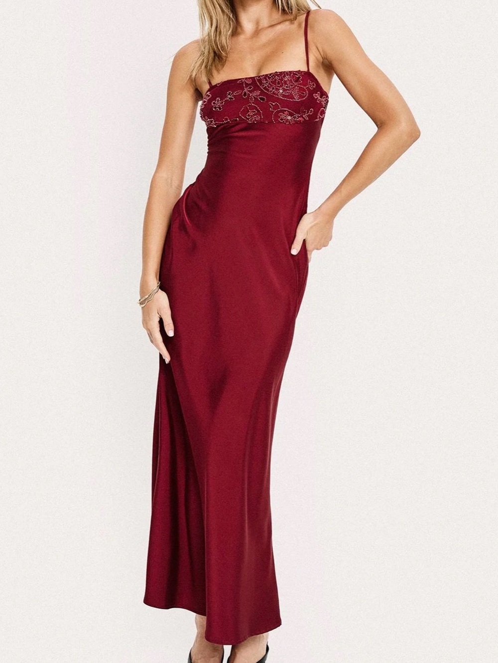 Elegant Burgundy Slip Maxi Dress with Embroidered Bodice